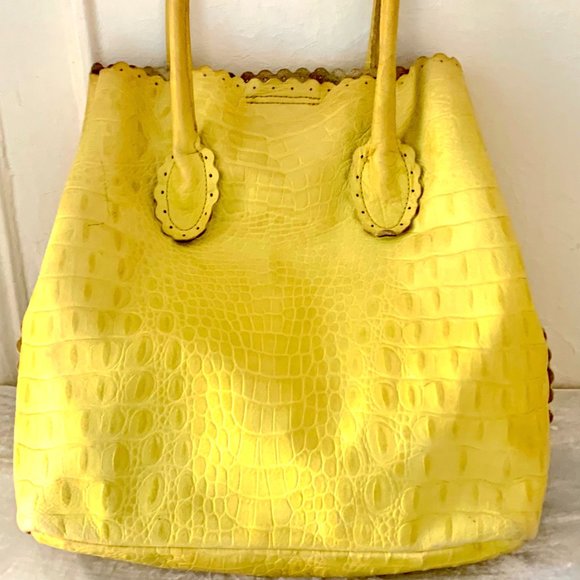 FURLA Yellow Crocodile Embossed Leather Divided Two Top Handle Tote Bag - Picture 2 of 7